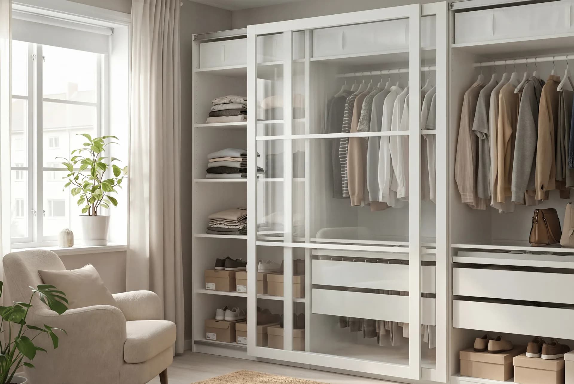 Frosted-glass schuifdeur in spoor afgesteld op een afgewerkte PAX kast